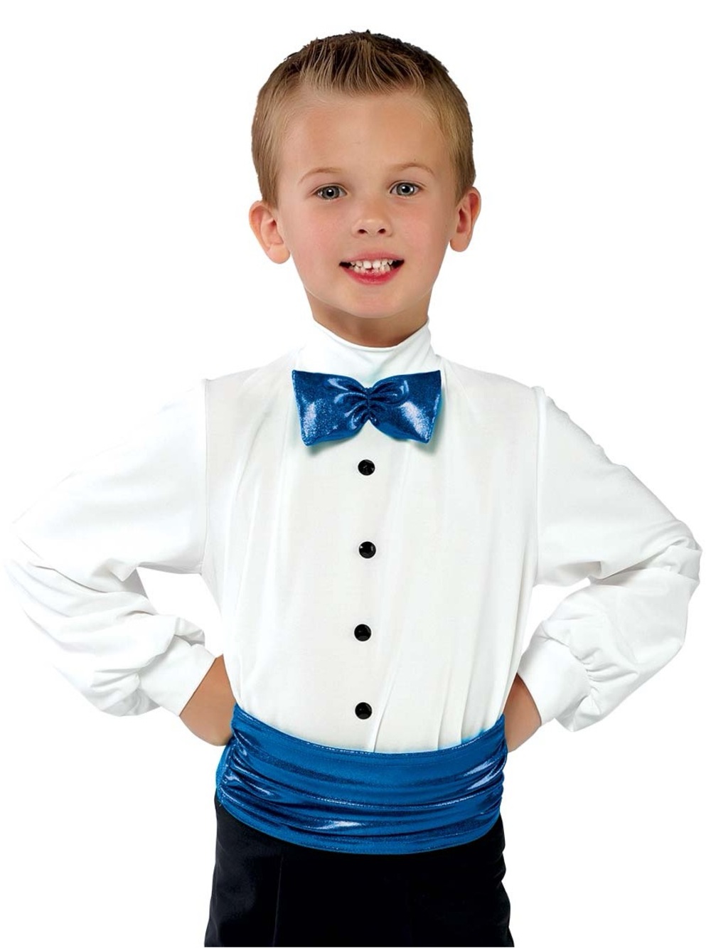 Blue Bow Tie, cummerbund and white spandex dance shirt